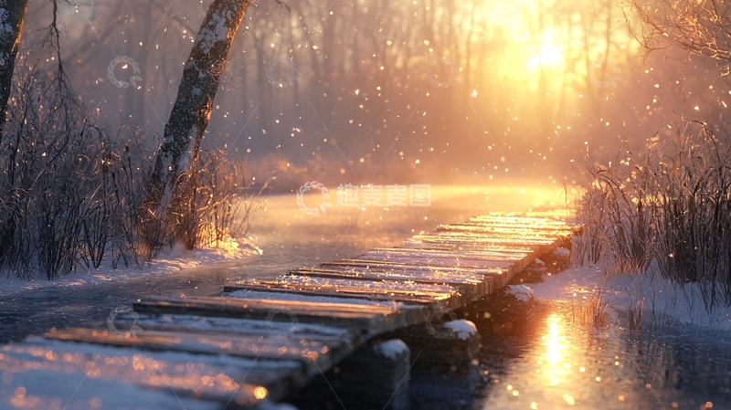 高清大图下载【趣麦麦图】寒冬雪景阳光小桥流水