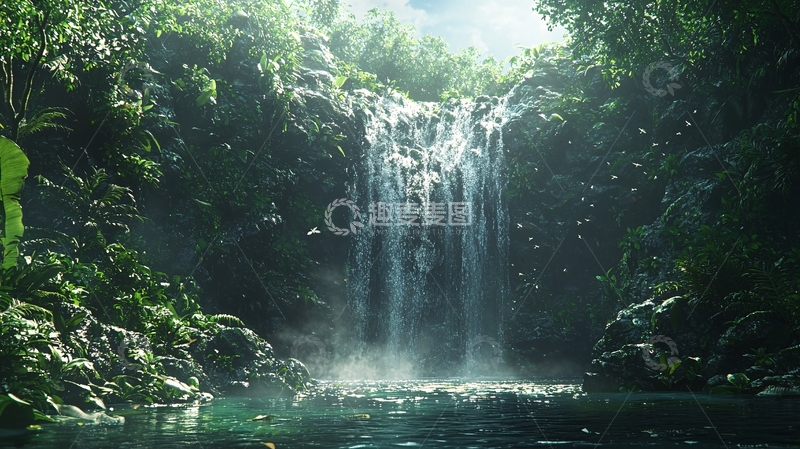 高清大图下载【趣麦麦图】热带雨林中的瀑布美景