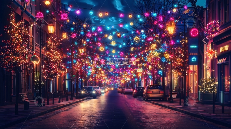 高清大图下载【趣麦麦图】夜晚街道彩灯夜景