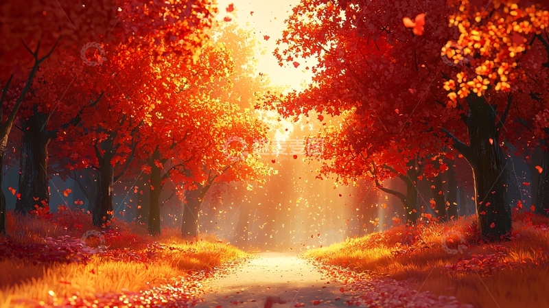 高清大图下载【趣麦麦图】秋日红叶森林小路