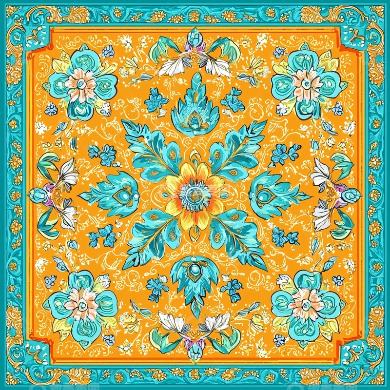 高清大图下载【趣麦麦图】橙色青绿色花卉图案方巾