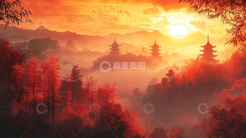 高清大图下载【趣麦麦图】红色调的东方风景插画