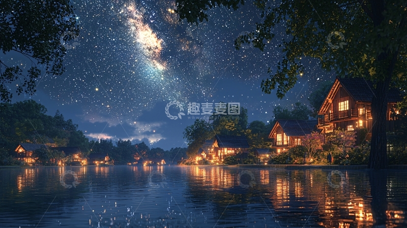 高清大图下载【趣麦麦图】星空下的湖边木屋