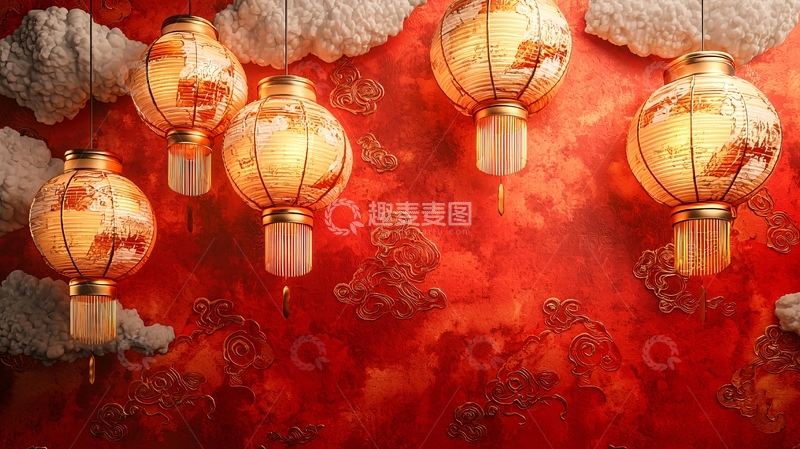 高清大图下载【趣麦麦图】红墙背景中式灯笼