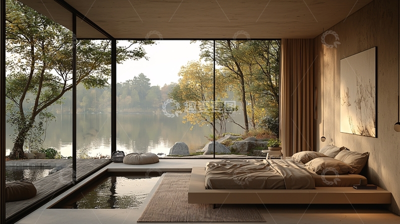 高清大图下载【趣麦麦图】极简风卧室湖景落地窗