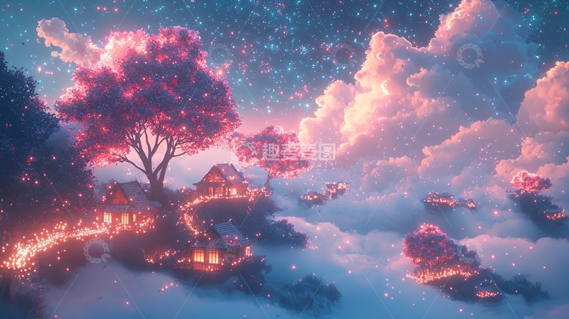 高清大图下载【趣麦麦图】梦幻云端粉色树屋