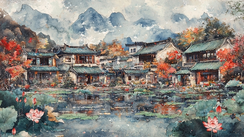 高清大图下载【趣麦麦图】水墨风格的村落山水