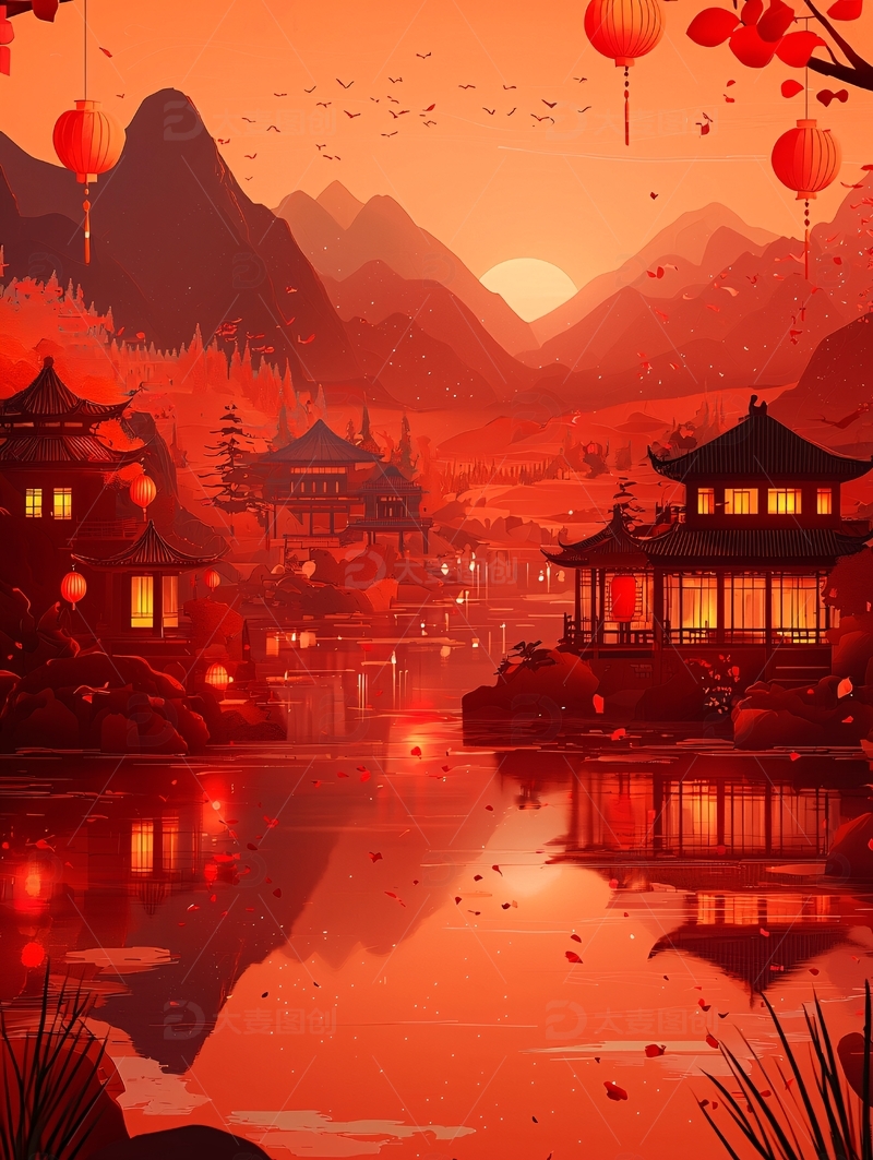 高清大图下载【趣麦麦图】红色山水画