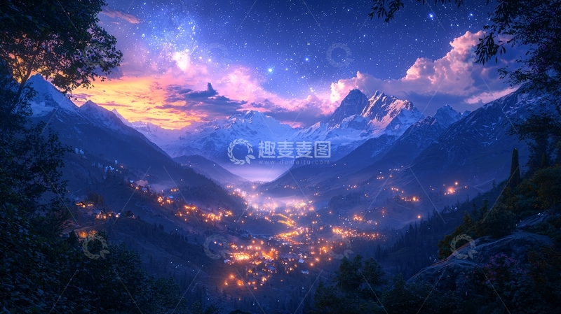 高清大图下载【趣麦麦图】梦幻雪山小镇夜景