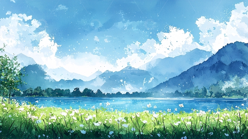 高清大图下载【趣麦麦图】清新水彩风格山湖田园风景