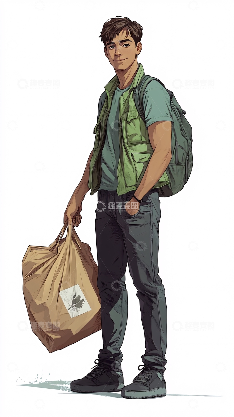 高清大图下载【趣麦麦图】年轻男子提着购物袋