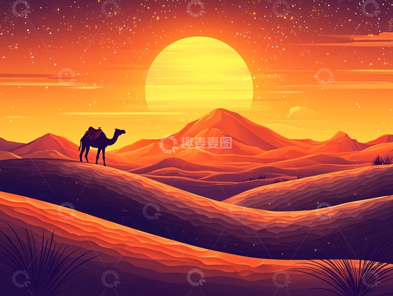 高清大图下载【趣麦麦图】沙漠落日驼影