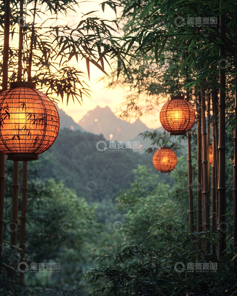 高清大图下载【趣麦麦图】竹林晚霞灯笼