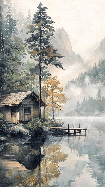 雾气缭绕的湖边小屋