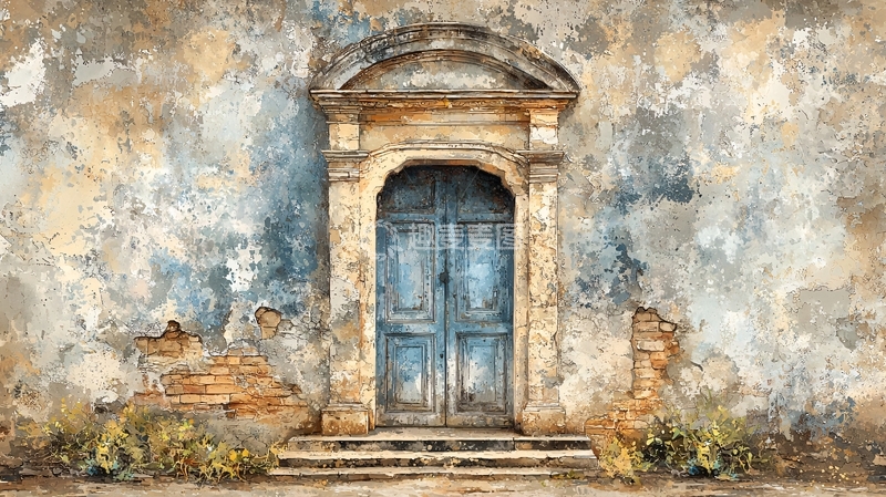 高清大图下载【趣麦麦图】老旧建筑蓝色木门