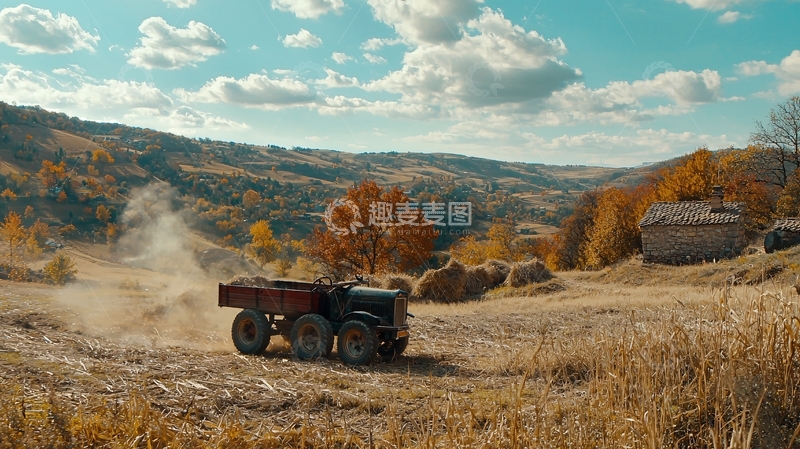 高清大图下载【趣麦麦图】秋收时节农田拖拉机
