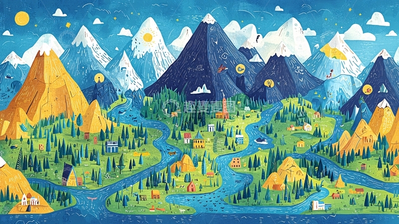 高清大图下载【趣麦麦图】卡通山水风景插画