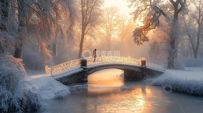 高清大图下载【趣麦麦图】冬日雪景桥上人影