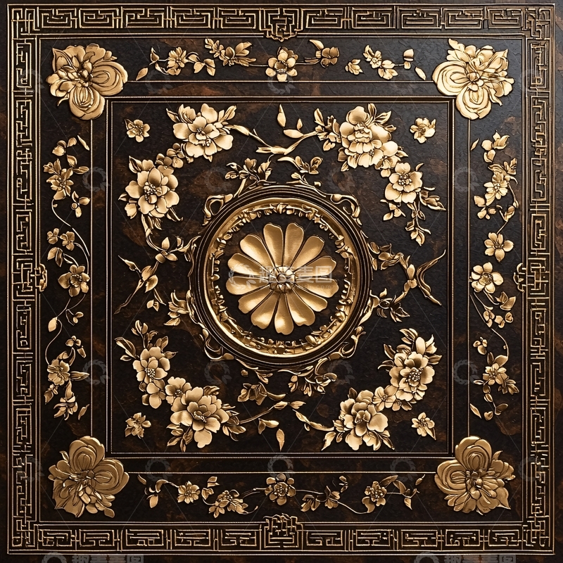 高清大图下载【趣麦麦图】金色花纹黑色底板