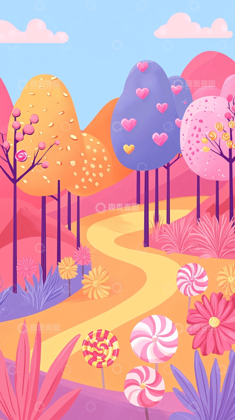 高清大图下载【趣麦麦图】梦幻糖果色系森林小路