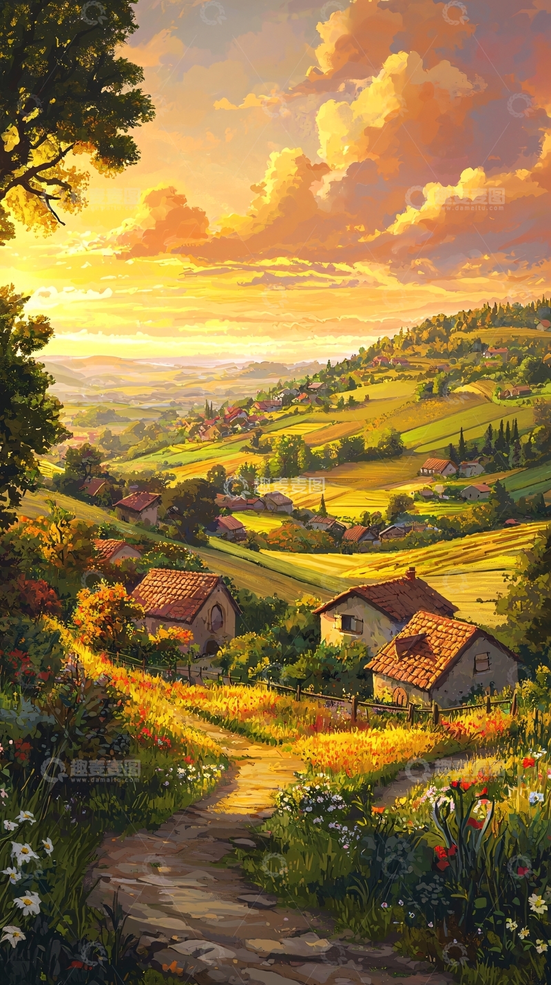 高清大图下载【趣麦麦图】金色夕阳下的田园村庄