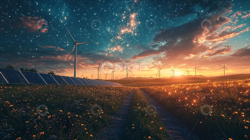 高清大图下载【趣麦麦图】星空下的风力发电