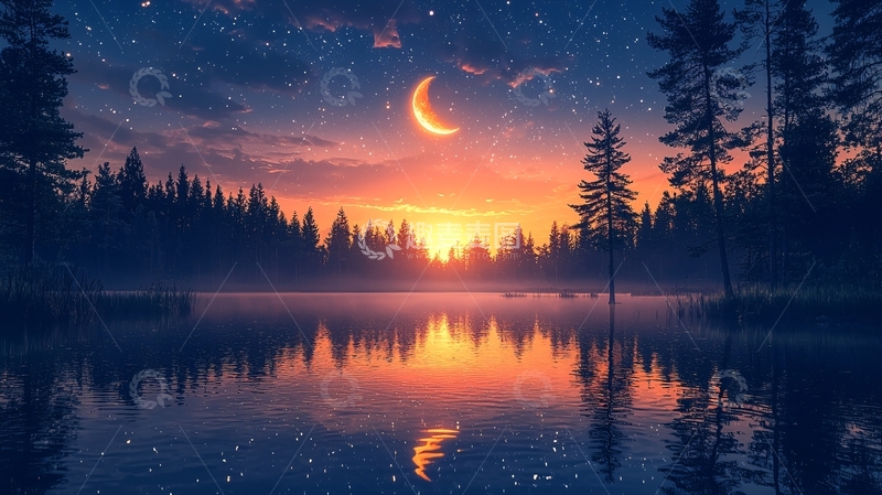 高清大图下载【趣麦麦图】宁静湖面星月交辉