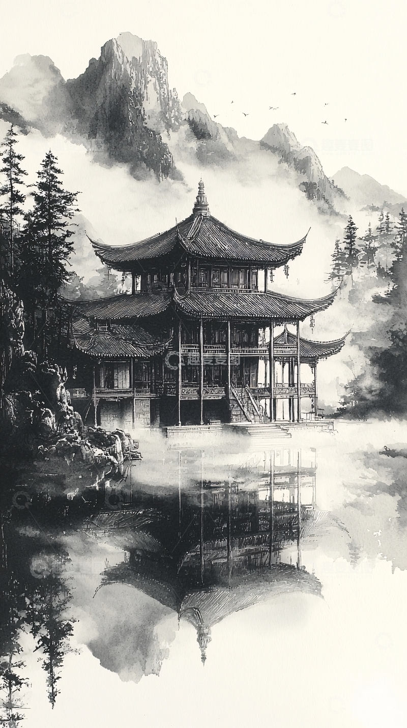 高清大图下载【趣麦麦图】中国风山水亭台水墨画