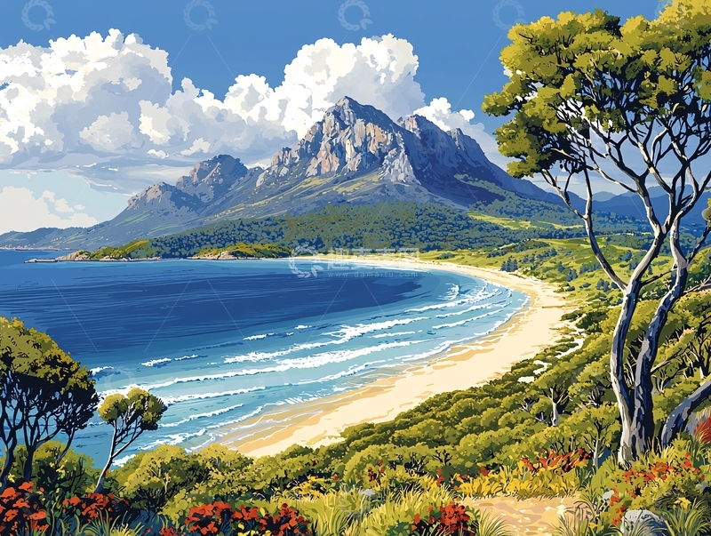 高清大图下载【趣麦麦图】阳光沙滩海边山峰