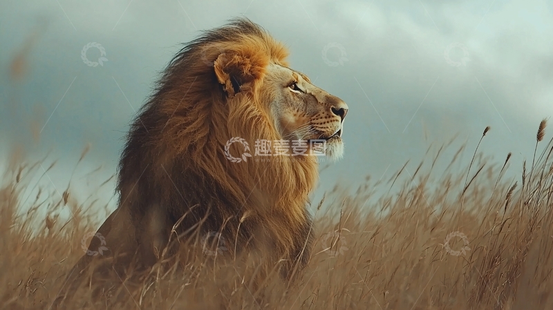 高清大图下载【趣麦麦图】雄狮侧身远眺草原