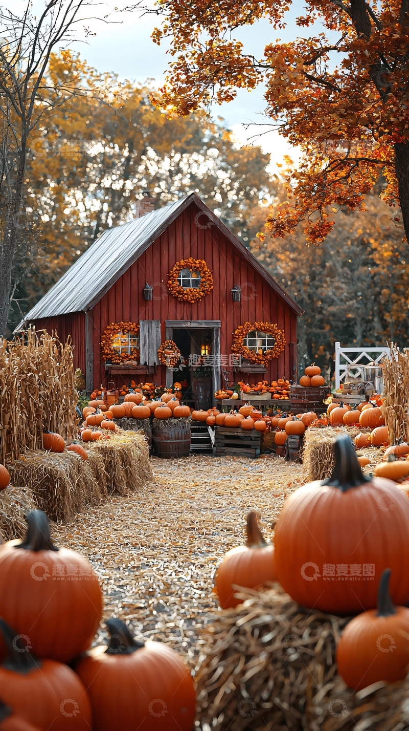 高清大图下载【趣麦麦图】秋季红木农舍南瓜丰收