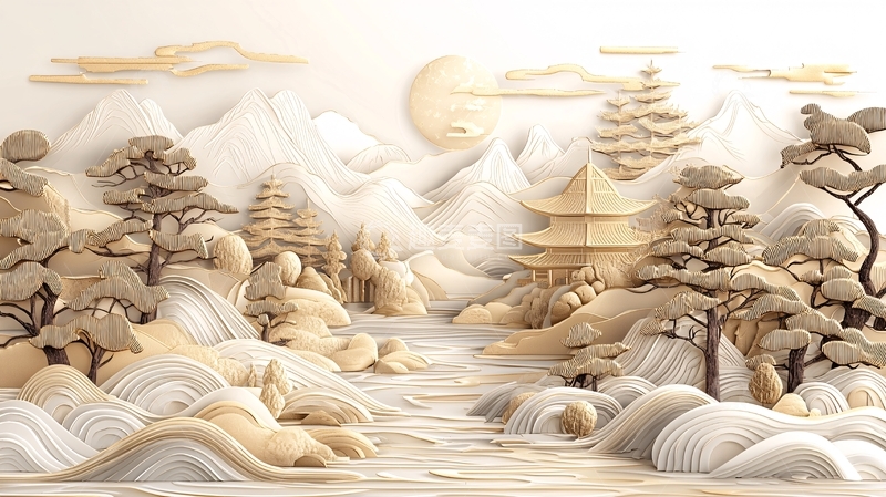 高清大图下载【趣麦麦图】淡雅水墨风山水建筑装饰画