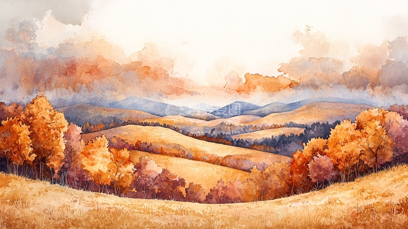 高清大图下载【趣麦麦图】秋季山峦水彩风景画