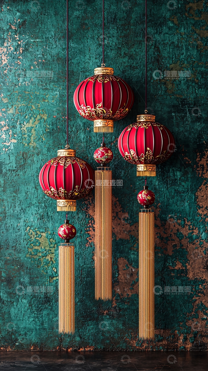 高清大图下载【趣麦麦图】红色灯笼与绿色墙面