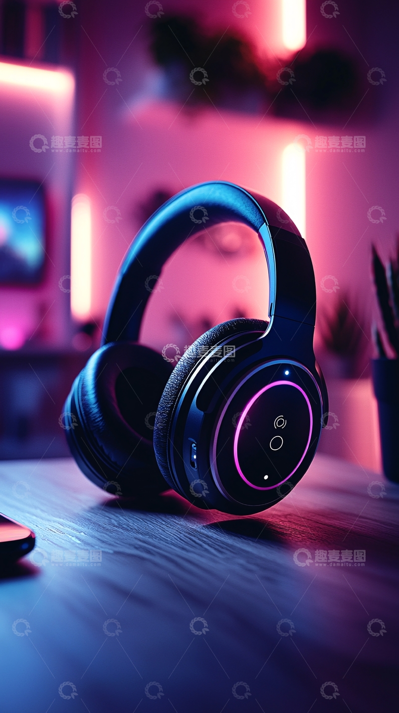 高清大图下载【趣麦麦图】霓虹灯光下的时尚耳机