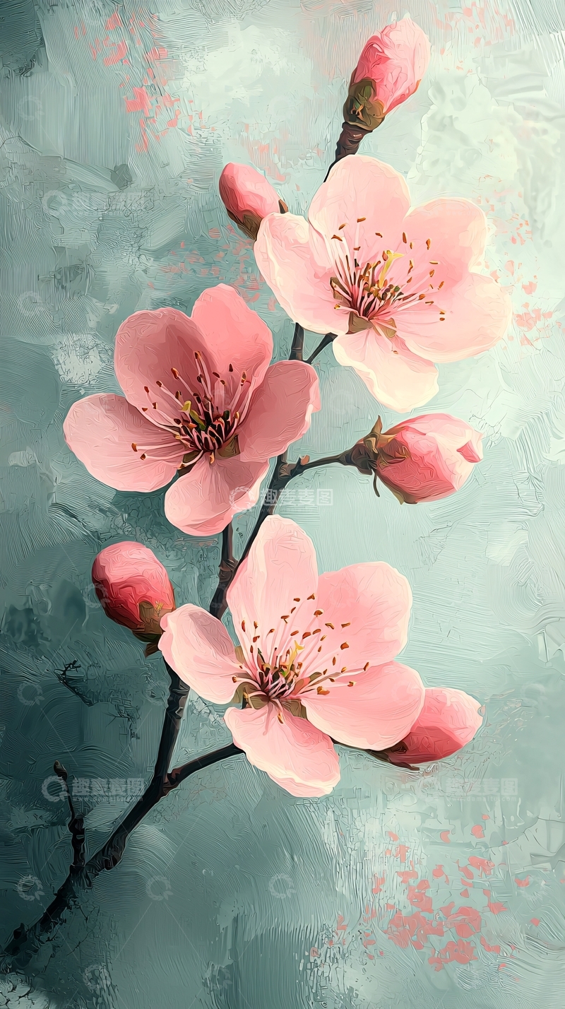 高清大图下载【趣麦麦图】粉嫩桃花枝条水彩画