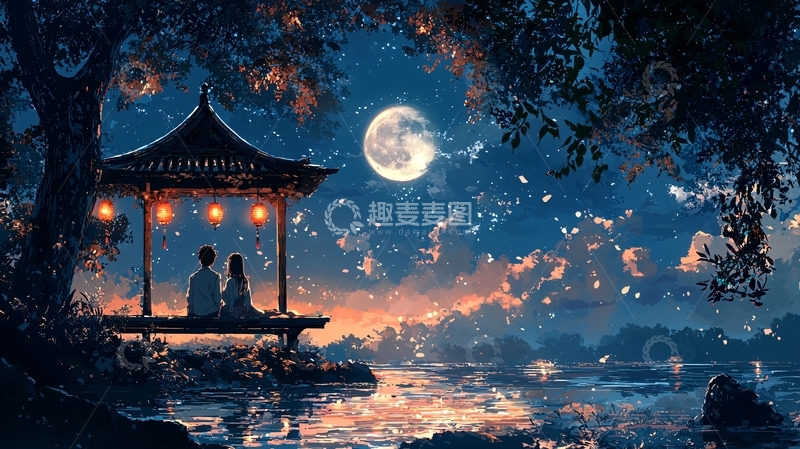高清大图下载【趣麦麦图】月下亭台情侣