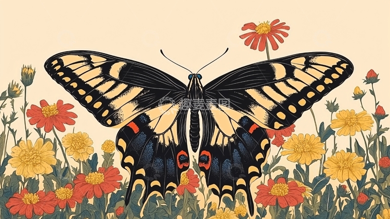 高清大图下载【趣麦麦图】蝴蝶与野花