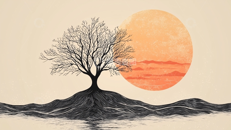 高清大图下载【趣麦麦图】枯树与落日简约意境图