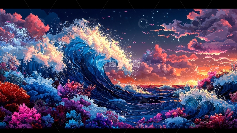 高清大图下载【趣麦麦图】梦幻多彩海浪与珊瑚礁