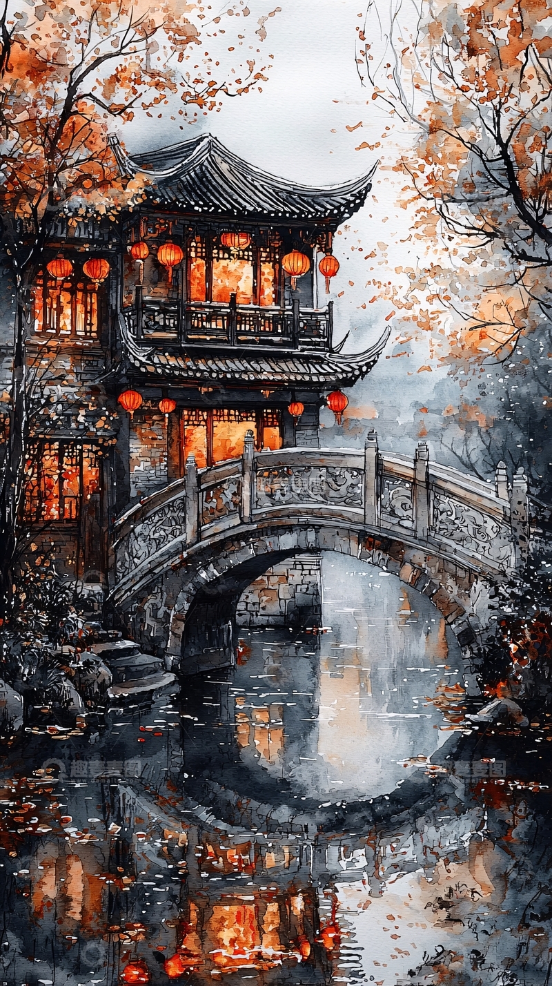 高清大图下载【趣麦麦图】秋日古建筑水墨画