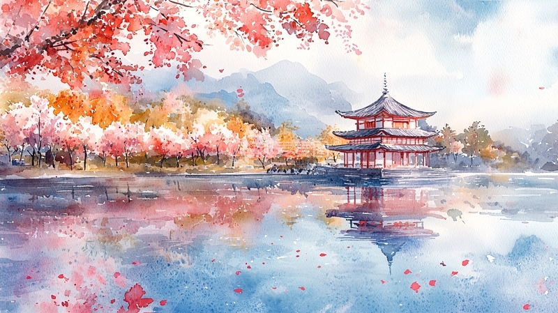 高清大图下载【趣麦麦图】水彩风格亭台楼阁桃花盛开