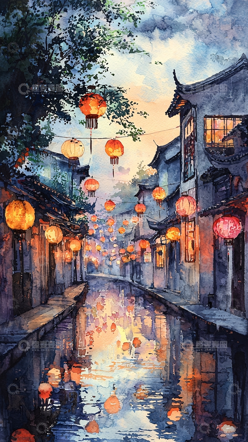 高清大图下载【趣麦麦图】水墨风古镇灯笼夜景