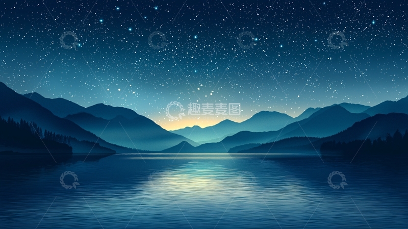 高清大图下载【趣麦麦图】宁静湖面星空山脉倒影