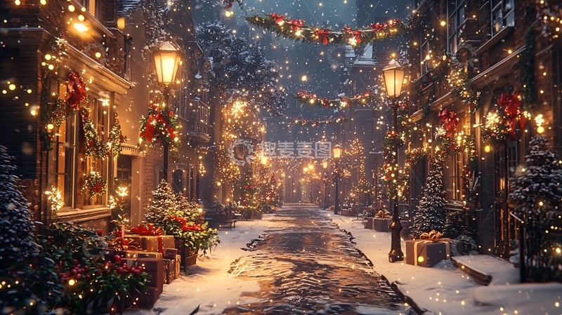 高清大图下载【趣麦麦图】下雪的圣诞节街道夜景