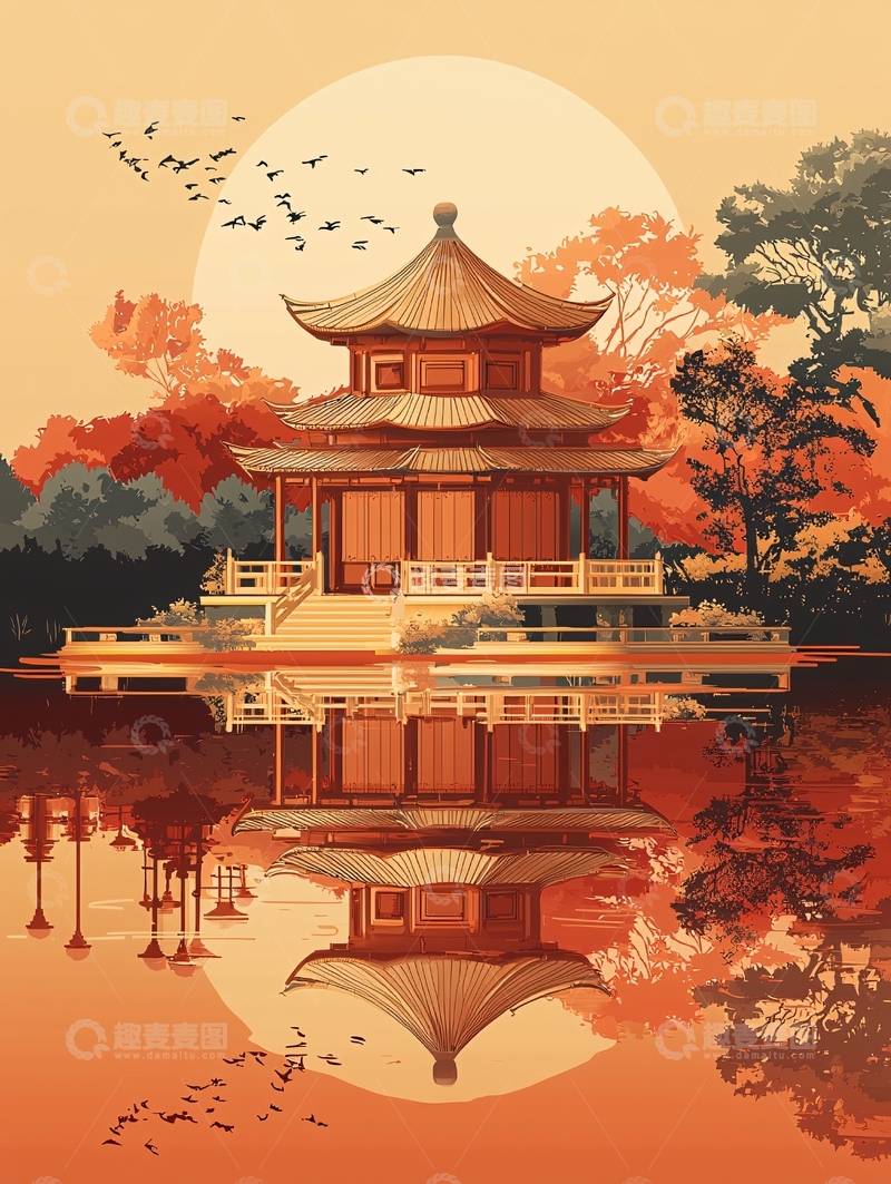 高清大图下载【趣麦麦图】水墨江南亭台楼阁