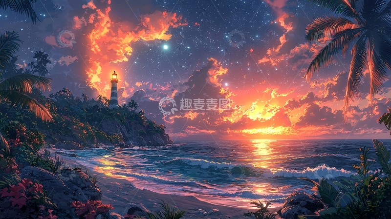 高清大图下载【趣麦麦图】热带海滩日落灯塔星空