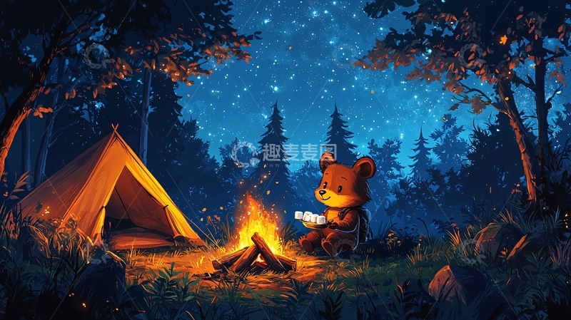 高清大图下载【趣麦麦图】森林篝火熊孩子露营