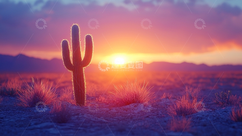 高清大图下载【趣麦麦图】夕阳下的沙漠仙人掌