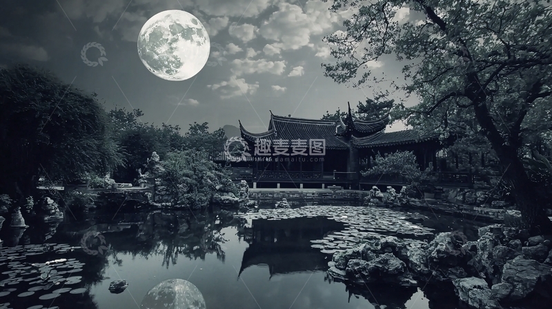 高清大图下载【趣麦麦图】月光下的中式庭院